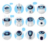 Fototapeta  - Bots, chat robots or chatbot icons, vector virtual AI of service support. Chat bot icons with message bubbles and smile faces, digital messenger, smart assistance and service center communication