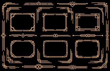 Wall Mural - Art deco vector elements line borders, frames, dividers and corners. Decorative geometric victorian style design, elegant vintage symbols, old antique bordering isolated on black background, icons set