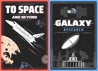 Poster - Galaxy research, outer space exploration retro vector poster with glitch effect. Spaceship explore cosmos vintage card with shuttle on planet orbit, satellite in universe or cosmic observatory antenna