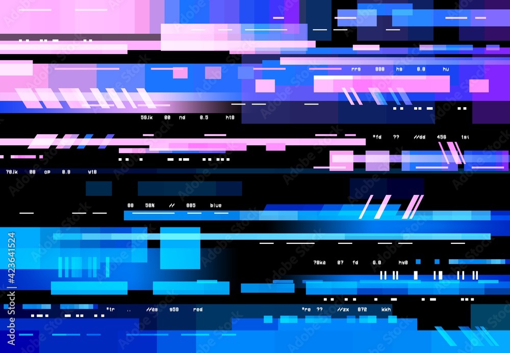 Glitch screen with pixels digital noise, vector background. No signal, distortion and glitch effect on display, neon blue red interference on TV or computer display, VHS video television - obrazy, fototapety, plakaty 