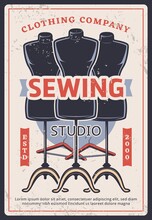 Sewing Studio Retro Vector Poster With Mannequins And Hangers. Dress Tailoring Service Or Dressmaker Salon With Model Dummy For Fashion Couture Clothing Company. Wear And Apparel Tailor Business