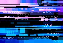 Glitch Screen With Pixels Digital Noise, Vector Background. No Signal, Distortion And Glitch Effect On Display, Neon Blue Red Interference On TV Or Computer Display, VHS Video Television