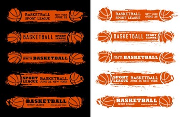 Wall Mural - Basketball sport league flyers with ball and grunge strokes. Vector invitations for sports championship game or tournament competition. Cartoon grungy design with ball and typography isolated set