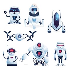Poster - alien life robots, future drones and android toys cartoon characters. cute robotic raccoon, flying d