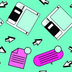 Poster - Seamless pattern with colorful floppy disk  in vaporwave 90's retro style. Vector illustration for textile fabric print.