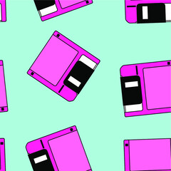 Poster - Seamless pattern with colorful floppy disk  in vaporwave 90's retro style. Vector illustration for textile fabric print.