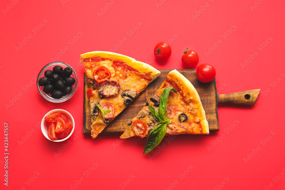 Composition with tasty pizza on color background