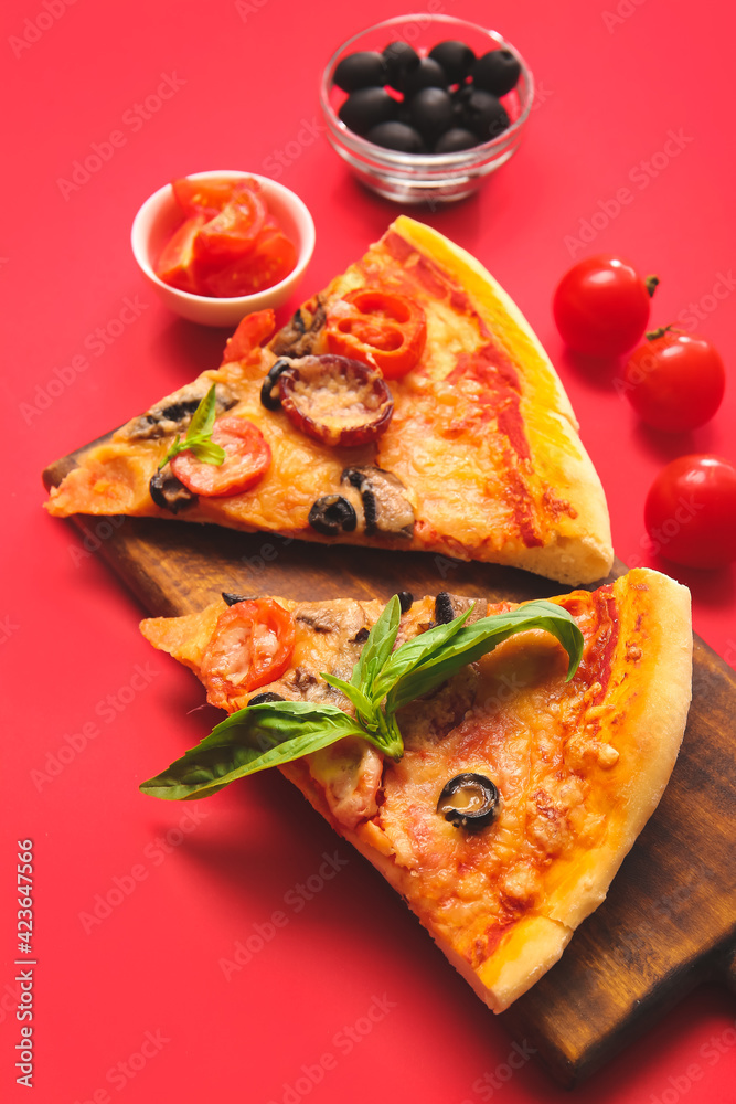 Composition with tasty pizza on color background