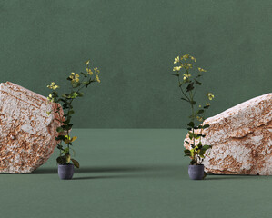 Wall Mural - Background for cosmetic products of natural herb and green color. Stone podium with flowers. 3d rendering
