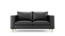 Modern black leather upholstery sofa on isolated white background. Furniture for modern interior, minimalist design.