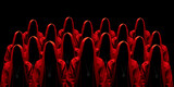 Fototapeta Na ścianę - People dressed in a red robes looking like a cult members on a dark background. No face. Occult, sect concept. 