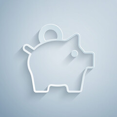 Wall Mural - Paper cut Piggy bank icon isolated on grey background. Icon saving or accumulation of money, investment. Paper art style. Vector