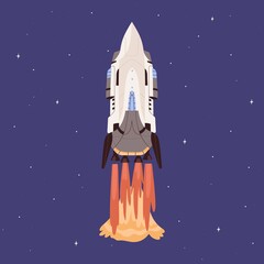 Wall Mural - rocket launch with fire flames from engine. spaceship flying up in outer space. cosmic shuttle takeo