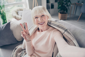 Sticker - Self-portrait of attractive cheerful grey-haired woman sitting on divan showing v-sign having fun in house flat living-room indoors