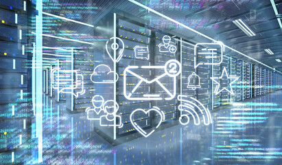 Poster - Multiumedia icons in a Server room data center - 3d rendering
