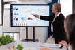 © DC Studio - Businesswoman gives talk and speaking in conference room pointing at charts briefing. Corporate staff discussing new business application with colleagues looking at screen