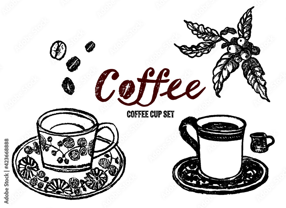 コーヒーカップの手描きイラストセット コーヒー豆とコーヒー Wall Mural Aonori コーヒーカップの手描きイラストセット コーヒー豆とコーヒー Wall Mural Aonori