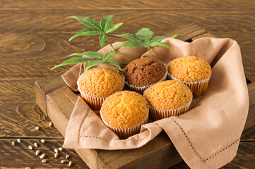 Marijuana cupcake muffins and cannabis leaves in a wooden box. Home cooked. Sweet food with hemp