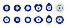 Greek Evil Eye Vector Symbol Of Protection. Amulet Icon. Turkish Nazar Boncugu Amulet Illustration. Believed That It Protects Against Evil Eye. Hand Drawn Collection. Set Of Blue Turkish Eyes