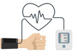 Blood pressure measuring concept with arm, blood pressure monitor or sphygmomanometer and heartbeat with heart shape. Vector illustration.