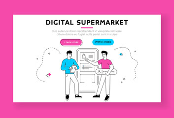 Poster - Digital supermarket banner template. Vector illustration of linear male manager showing and promoting goods to modern man with tablet during online shopping in internet