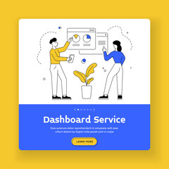 Poster - Dashboard service square banner template. Vector illustration of linear cartoon characters adjusting settings and choosing various options in online application while using modern smartphone