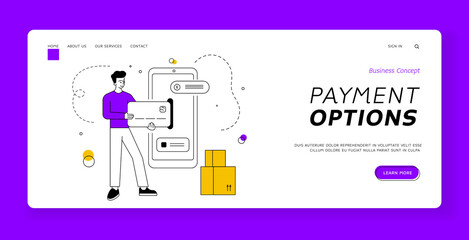 Poster - Payment options banner template. Vector illustration of linear male client inserting credit card into modern smartphone while ordering goods delivery in online shop application
