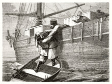 Rescue At Sea. Men Uploading A Unconscious Body Fromlife Boat On Vessel Board.  Ancient Grey Tone Etching Style Art By Unidentified Author, Le Tour Du Monde, 1862