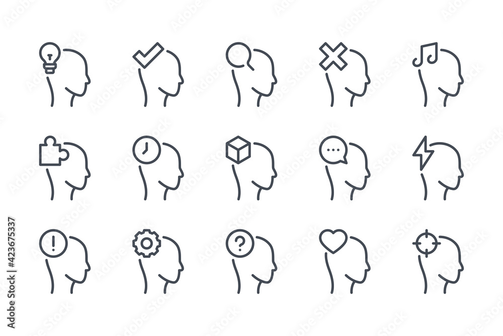 Human brain and brain process line icon set. Head and psychology linear ...
