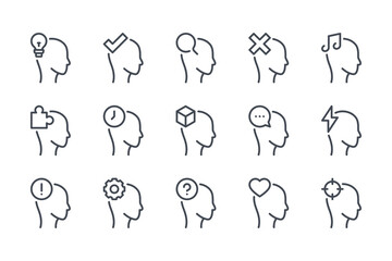 Poster - human brain and brain process line icon set. head and psychology linear icons. mind, idea and head w