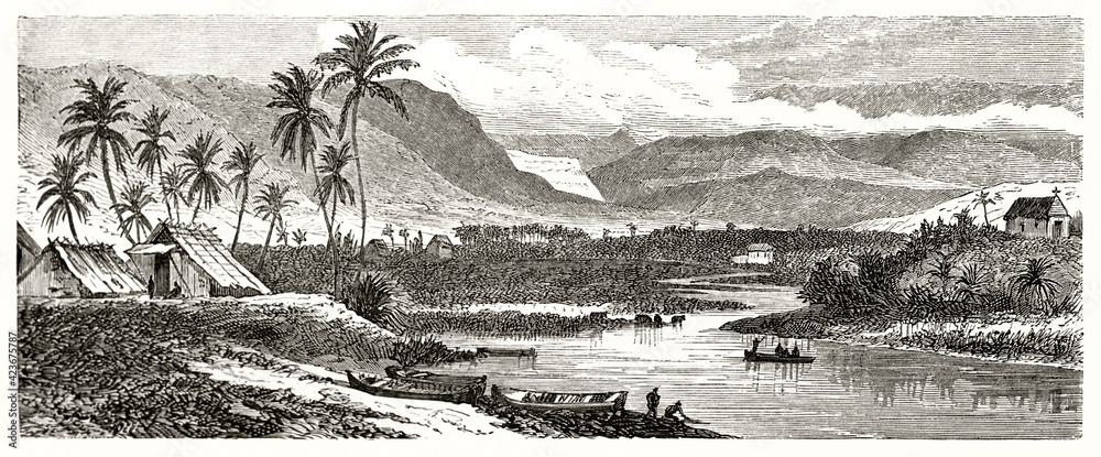 Large tropical landscape horizontal arranged with palms, huts and river in the center. saint-Gilles, Reunion island. Ancient grey tone etching style art by De Berard, Le Tour du Monde, 1862 - obrazy, fototapety, plakaty 