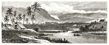 Large Tropical Landscape Horizontal Arranged With Palms, Huts And River In The Center. Saint-Gilles, Reunion Island. Ancient Grey Tone Etching Style Art By De Berard, Le Tour Du Monde, 1862