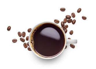 Black coffee and coffee beans on white background - flat lay