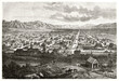 top large view of Salt Lake City, Utah. Houses and streets going to distant mountain range close to horizon. Ancient grey tone etching style art by Ferogio, Le Tour du Monde, 1862