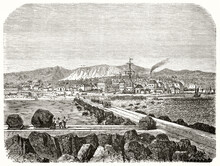 Saint-Pierre Far In The Distance From Port In Construction, Reunion Island. Ancient Grey Tone Etching Style Art By Therond, Le Tour Du Monde, 1862