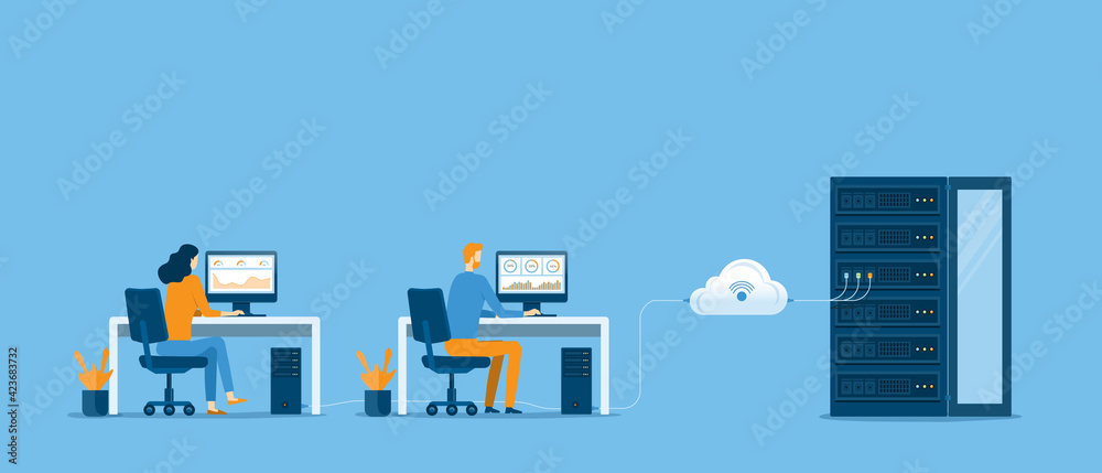 business technology cloud computing service concept and datacenter storage server connect on cloud with administrator and developer team working concept - obrazy, fototapety, plakaty 
