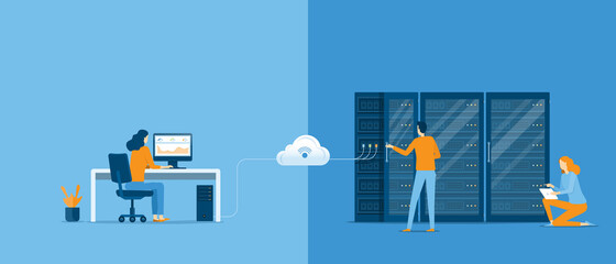 Fototapete - business technology cloud computing service concept and datacenter storage server connect on cloud with administrator and developer team working concept