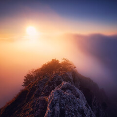 Wall Mural - Sunset hidden behind clouds and fog over hills, bright yellow sun on colorful cloudscape, blue violet orange sky.