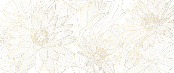 Luxury lotus background vector. Golden lotus line arts design for wall arts, fabric, prints and background texture, Vector illustration.
