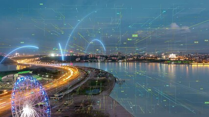 Poster - Smart City Aerial Drone Footage Hologram Information Arches Forming During Network Communication Futuristic Network and Technology 5G Drone Low Light 4k. Video loop, time lapse