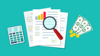 Wall Mural - financial audit. icon of research, chart and report. document with verification data, result of anal