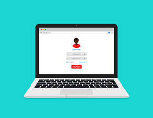 Poster - Account with login and password. Username with avatar in laptop. Registration of account in computer screen. Online form, verification and secure of user in internet. Data and technology. Vector