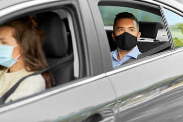 Sticker - transportation, health and people concept - female driver driving car with male passenger wearing face protective medical mask for protection from virus disease