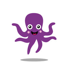 Cheerful Smiling Purple Octopus With Pink Cheeks, Big Eyes, Isolated On White Background