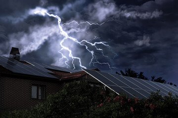 Wall Mural - dark cloudy sky with lightning over house. stormy weather