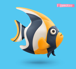 Wall Mural - Moorish idol, angelfish 3d realistic vector icon. Funny small fish cartoon character