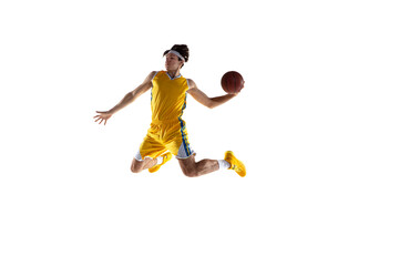 Wall Mural - Young Caucasian basketball player training isolated on white background.