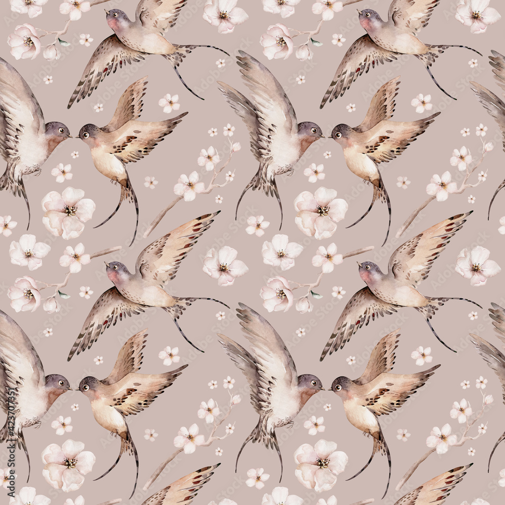 Watercolor spring flying swallows isolated and blossom flowers seamless pattern fabric background - obrazy, fototapety, plakaty 