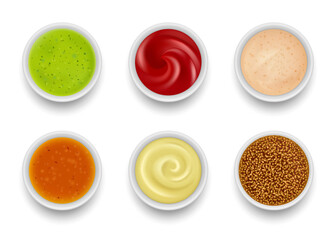 Sauce top view. Gourmet liquid sauce syrup for food garnishing tomato mustard chili green oil wasabi soup in round bowls decent vector realistic collection