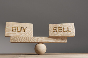 Wall Mural - Buy and sell balance concept. Wooden cube block with word Buy and sell on seesaw. Life style concept